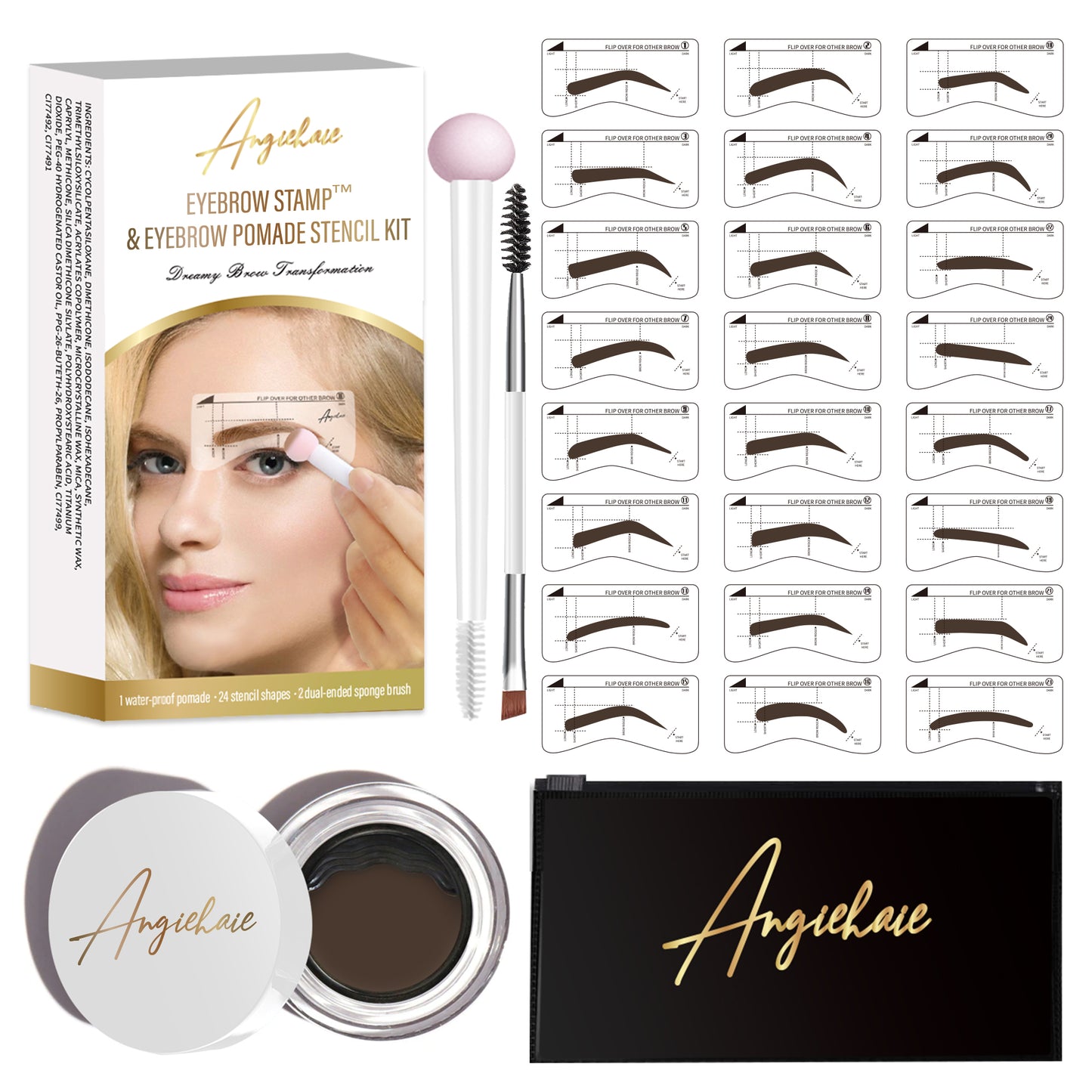 Eyebrow Stamp Stencil Kit, Brow Stamp, 24 Pieces Eyebrow Stencils Thick and Thin with 2 Dual Ended Brush and Sponge Applicators, Perfect Natural Brow, Waterproof - Angiehaie Beauty